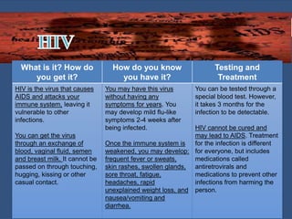 What is it? How do
you get it?
How do you know
you have it?
Testing and
Treatment
HIV is the virus that causes
AIDS and attacks your
immune system, leaving it
vulnerable to other
infections.
You can get the virus
through an exchange of
blood, vaginal fluid, semen
and breast milk. It cannot be
passed on through touching,
hugging, kissing or other
casual contact.
You may have this virus
without having any
symptoms for years. You
may develop mild flu-like
symptoms 2-4 weeks after
being infected.
Once the immune system is
weakened, you may develop:
frequent fever or sweats,
skin rashes, swollen glands,
sore throat, fatigue,
headaches, rapid
unexplained weight loss, and
nausea/vomiting and
diarrhea.
You can be tested through a
special blood test. However,
it takes 3 months for the
infection to be detectable.
HIV cannot be cured and
may lead to AIDS. Treatment
for the infection is different
for everyone, but includes
medications called
antiretrovirals and
medications to prevent other
infections from harming the
person.
 