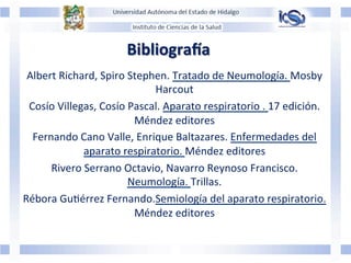 BibliograFa	
  
	
  
	
  	
  	
  	
  	
  
	
  
Albert	
  Richard,	
  Spiro	
  Stephen.	
  Tratado	
  de	
  Neumología.	
  Mosby	
  
Harcout	
  
Cosío	
  Villegas,	
  Cosío	
  Pascal.	
  Aparato	
  respiratorio	
  .	
  17	
  edición.	
  
Méndez	
  editores	
  
Fernando	
  Cano	
  Valle,	
  Enrique	
  Baltazares.	
  Enfermedades	
  del	
  
aparato	
  respiratorio.	
  Méndez	
  editores	
  
Rivero	
  Serrano	
  Octavio,	
  Navarro	
  Reynoso	
  Francisco.	
  
Neumología.	
  Trillas.	
  	
  
Rébora	
  GuJérrez	
  Fernando.Semiología	
  del	
  aparato	
  respiratorio.	
  
Méndez	
  editores	
  
	
  
 