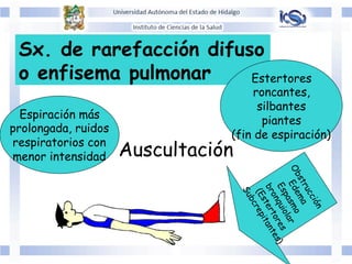 Auscultación
Espiración más
prolongada, ruidos
respiratorios con
menor intensidad
Sx. de rarefacción difuso
o enfisema pulmonar Estertores
roncantes,
silbantes
piantes
(fin de espiración)
 