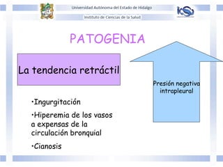 PATOGENIA
La tendencia retráctil
Presión negativa
intrapleural
• Ingurgitación
• Hiperemia de los vasos
a expensas de la
circulación bronquial
• Cianosis
 