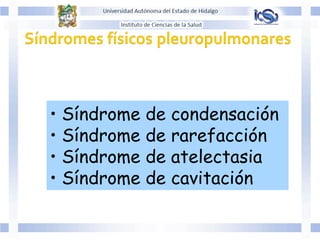 • Síndrome de condensación
• Síndrome de rarefacción
• Síndrome de atelectasia
• Síndrome de cavitación
 