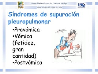 Síndromes de supuración
pleuropulmonar
• Prevómica
• Vómica
(fetidez,
gran
cantidad)
• Postvómica
 