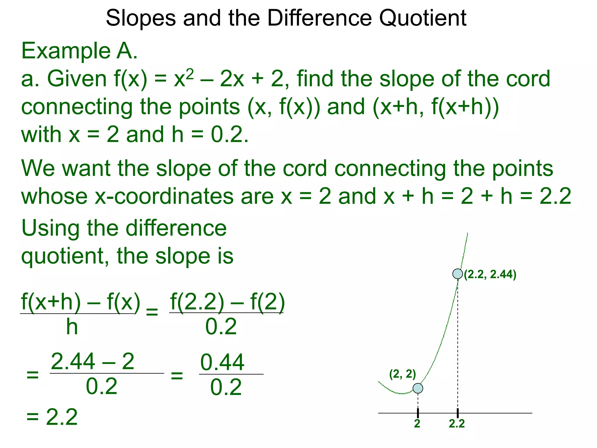Example A.
a. Given f(x) = x2 – 2x + 2, find the slope of the cord
connecting the points (x, f(x)) and (x+h, f(x+h))
with x = 2 and h = 0.2.
f(x+h) – f(x)
h
Using the difference
quotient, the slope is
We want the slope of the cord connecting the points
whose x-coordinates are x = 2 and x + h = 2 + h = 2.2
f(2.2) – f(2)
0.2
=
=
2.44 – 2
0.2
= 2.2
(2.2, 2.44)
(2, 2)
2 2.2
=
0.44
0.2
Slopes and the Difference Quotient
 