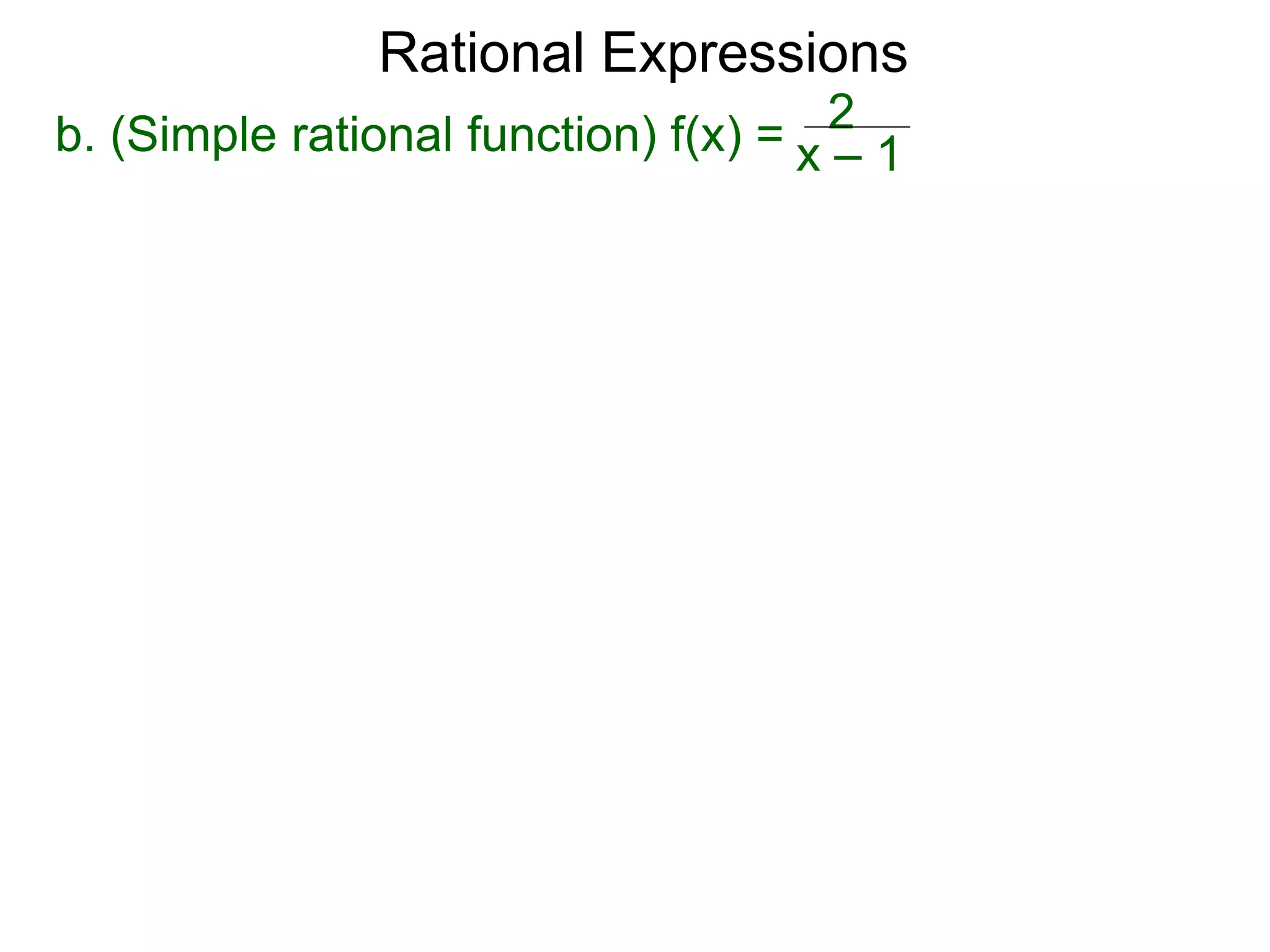 Rational Expressions
b. (Simple rational function) f(x) = x – 1
2
 