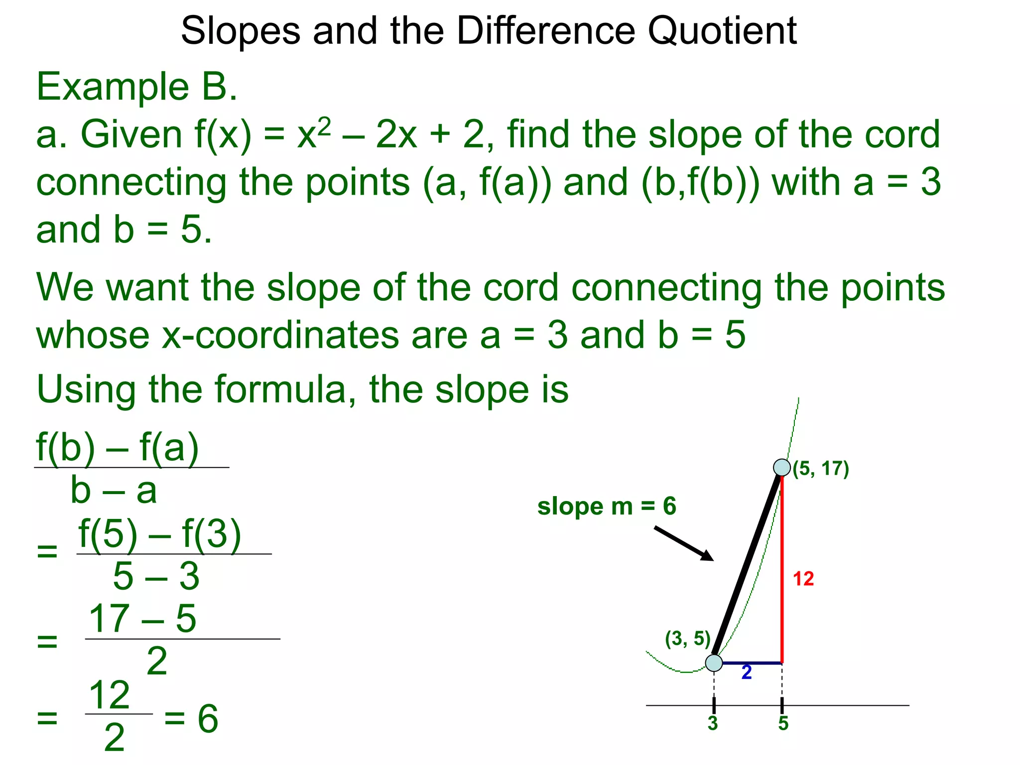 Example B.
a. Given f(x) = x2 – 2x + 2, find the slope of the cord
connecting the points (a, f(a)) and (b,f(b)) with a = 3
and b = 5.
f(b) – f(a)
b – a
Using the formula, the slope is
We want the slope of the cord connecting the points
whose x-coordinates are a = 3 and b = 5
f(5) – f(3)
5 – 3
=
=
17 – 5
2
= 6
(5, 17)
(3, 5)
3 5
=
12
2
12
2
slope m = 6
Slopes and the Difference Quotient
 
