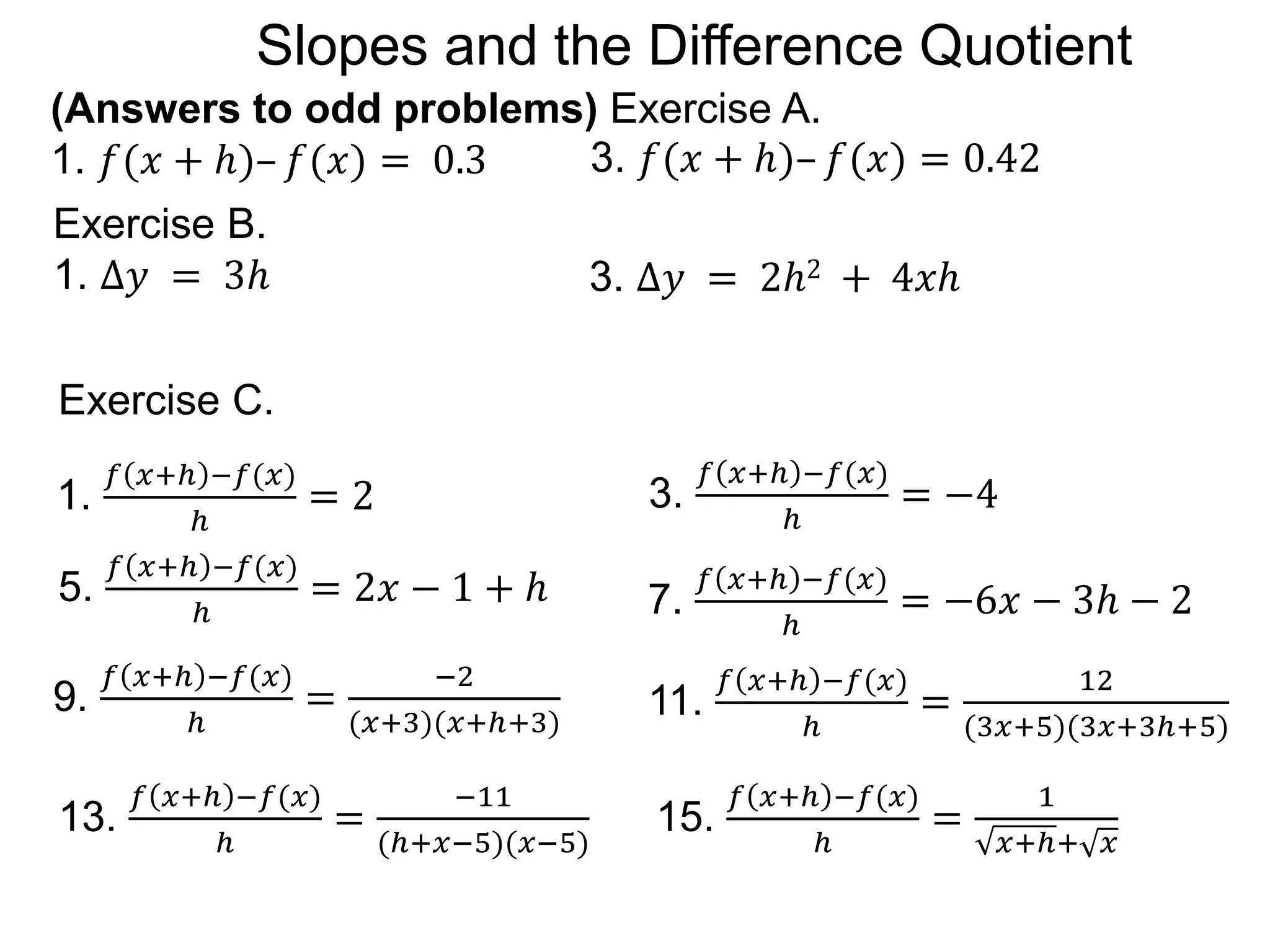 (Answers to odd problems) Exercise A.
1. 𝑓(𝑥 + ℎ)– 𝑓(𝑥) = 0.3 3. 𝑓(𝑥 + ℎ)– 𝑓(𝑥) = 0.42
Exercise B.
1. Δ𝑦 = 3ℎ 3. Δ𝑦 = 2ℎ2 + 4𝑥ℎ
Exercise C.
5.
𝑓 𝑥+ℎ −𝑓(𝑥)
ℎ
= 2𝑥 − 1 + ℎ
1.
𝑓 𝑥+ℎ −𝑓(𝑥)
ℎ
= 2 3.
𝑓 𝑥+ℎ −𝑓(𝑥)
ℎ
= −4
7.
𝑓 𝑥+ℎ −𝑓(𝑥)
ℎ
= −6𝑥 − 3ℎ − 2
9.
𝑓 𝑥+ℎ −𝑓(𝑥)
ℎ
=
−2
(𝑥+3)(𝑥+ℎ+3)
11.
𝑓 𝑥+ℎ −𝑓(𝑥)
ℎ
=
12
(3𝑥+5)(3𝑥+3ℎ+5)
13.
𝑓 𝑥+ℎ −𝑓(𝑥)
ℎ
=
−11
(ℎ+𝑥−5)(𝑥−5)
15.
𝑓 𝑥+ℎ −𝑓(𝑥)
ℎ
=
1
𝑥+ℎ+ 𝑥
Slopes and the Difference Quotient
 
