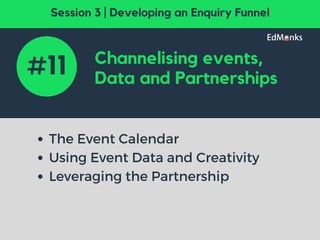 Channelising events,
Data and Partnerships
The Event Calendar
Using Event Data and Creativity
Leveraging the Partnership
#11
Session 3 | Developing an Enquiry Funnel
 