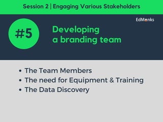 Developing
a branding team
The Team Members
The need for Equipment & Training
The Data Discovery
#5
Session 2 | Engaging Various Stakeholders
 