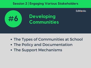 Developing
Communities
The Types of Communities at School
The Policy and Documentation
The Support Mechanisms
#6
Session 2 | Engaging Various Stakeholders
 