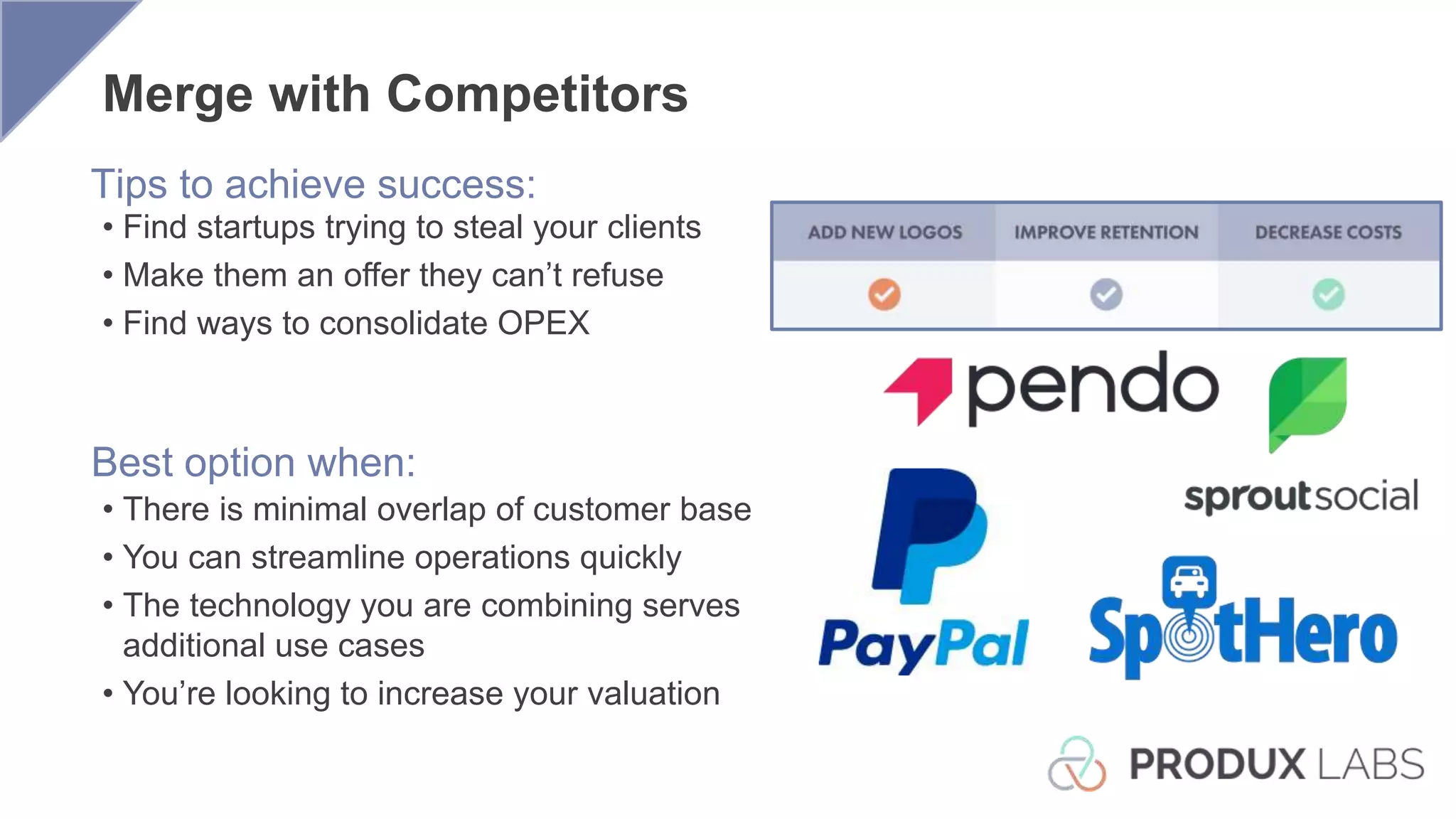 Best option when:
Tips to achieve success:
• Find startups trying to steal your clients
• Make them an offer they can’t refuse
• Find ways to consolidate OPEX
• There is minimal overlap of customer base
• You can streamline operations quickly
• The technology you are combining serves
additional use cases
• You’re looking to increase your valuation
Merge with Competitors
 