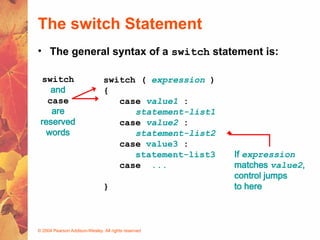 © 2004 Pearson Addison-Wesley. All rights reserved
The switch Statement
• The general syntax of a switch statement is:
switch ( expression )
{
case value1 :
statement-list1
case value2 :
statement-list2
case value3 :
statement-list3
case ...
}
switch
and
case
are
reserved
words
If expression
matches value2,
control jumps
to here
 