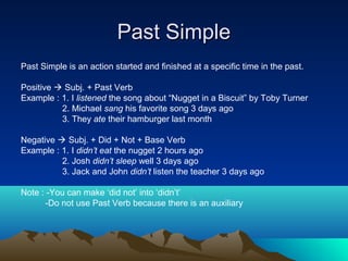 Past Simple
Past Simple is an action started and finished at a specific time in the past.

Positive  Subj. + Past Verb
Example : 1. I listened the song about “Nugget in a Biscuit” by Toby Turner
          2. Michael sang his favorite song 3 days ago
          3. They ate their hamburger last month

Negative  Subj. + Did + Not + Base Verb
Example : 1. I didn’t eat the nugget 2 hours ago
          2. Josh didn’t sleep well 3 days ago
          3. Jack and John didn’t listen the teacher 3 days ago

Note : -You can make ‘did not’ into ‘didn’t’
      -Do not use Past Verb because there is an auxiliary
 