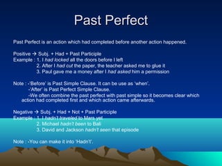 Past Perfect
Past Perfect is an action which had completed before another action happened.

Positive  Subj. + Had + Past Participle
Example : 1. I had locked all the doors before I left
          2. After I had cut the paper, the teacher asked me to glue it
          3. Paul gave me a money after I had asked him a permission

Note : -‘Before’ is Past Simple Clause. It can be use as ‘when’.
       -‘After’ is Past Perfect Simple Clause.
       -We often combine the past perfect with past simple so it becomes clear which
   action had completed first and which action came afterwards.

Negative  Subj. + Had + Not + Past Participle
Example : 1. I hadn’t traveled to Mars yet
          2. Michael hadn’t been to Bali
          3. David and Jackson hadn’t seen that episode

Note : -You can make it into ‘Hadn’t’.
 