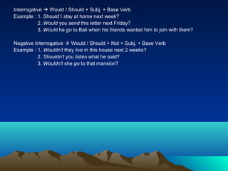 Interrogative  Would / Should + Subj. + Base Verb
Example : 1. Should I stay at home next week?
           2. Would you send this letter next Friday?
           3. Would he go to Bali when his friends wanted him to join with them?

Negative Interrogative  Would / Should + Not + Subj. + Base Verb
Example : 1. Wouldn’t they live in this house next 2 weeks?
          2. Shouldn’t you listen what he said?
          3. Wouldn’t she go to that mansion?
 