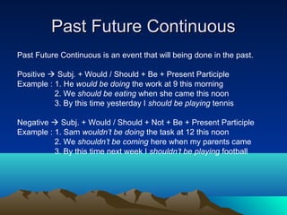 Past Future Continuous
Past Future Continuous is an event that will being done in the past.

Positive  Subj. + Would / Should + Be + Present Participle
Example : 1. He would be doing the work at 9 this morning
          2. We should be eating when she came this noon
          3. By this time yesterday I should be playing tennis

Negative  Subj. + Would / Should + Not + Be + Present Participle
Example : 1. Sam wouldn’t be doing the task at 12 this noon
          2. We shouldn’t be coming here when my parents came
          3. By this time next week I shouldn’t be playing football
 