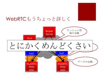 WebRTCもうちょっと詳しく
セッション情
報の交換

Broker
Server
Stun
server

とにかくめんどくさい

NATのhole
punching

NAT

WebRTC
Web
app

NAT

WebRTC
Web
app

データの交換

 