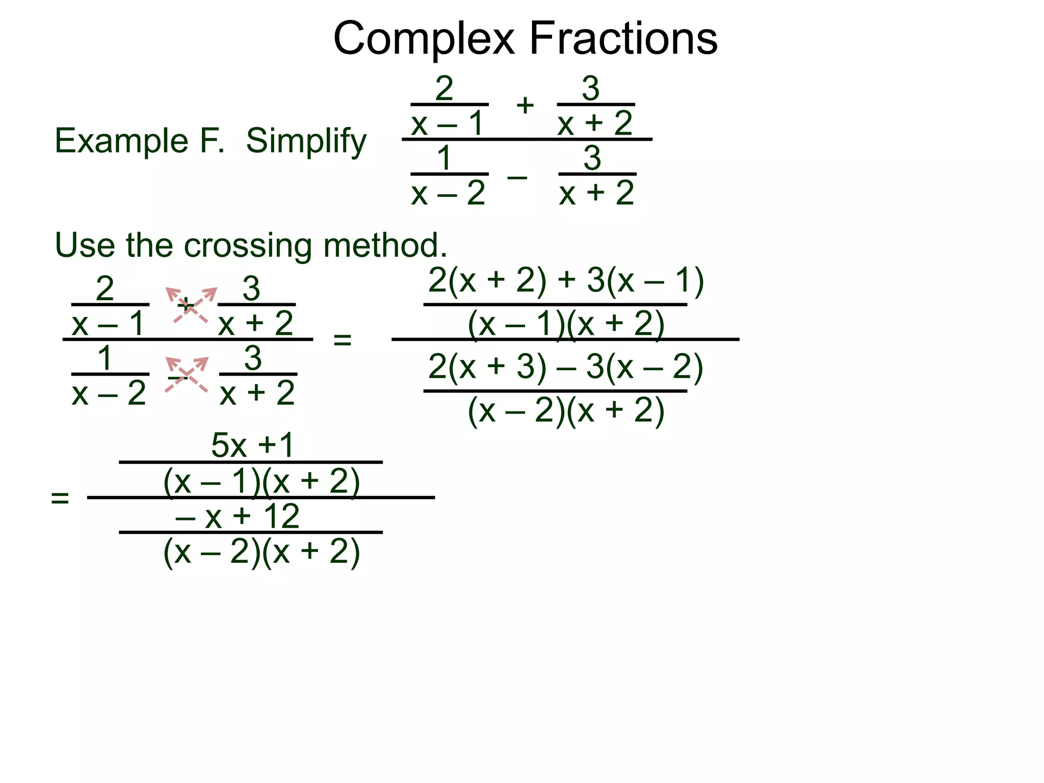 Complex Fractions
2
x – 1
–
+
3
x + 2
Example F. Simplify
3
x + 2
1
x – 2
Use the crossing method.
2
x – 1
–
+
3
x + 2
3
x + 2
1
x – 2
=
2(x + 2) + 3(x – 1)
(x – 1)(x + 2)
2(x + 3) – 3(x – 2)
(x – 2)(x + 2)
=
5x +1
(x – 1)(x + 2)
– x + 12
(x – 2)(x + 2)
 