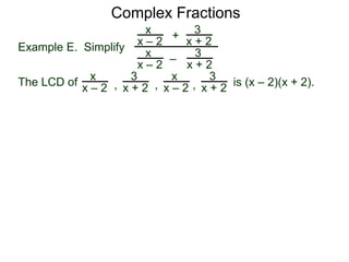 Complex Fractions
x
x – 2
–
+
3
x + 2
Example E. Simplify
The LCD of
3
x + 2
x
x – 2
x
x – 2
x
x – 2
3
x + 2
3
x + 2, , , is (x – 2)(x + 2).
 