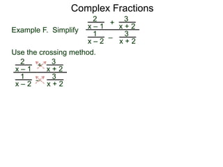 Complex Fractions
2
x – 1
–
+
3
x + 2
Example F. Simplify
3
x + 2
1
x – 2
Use the crossing method.
2
x – 1
–
+
3
x + 2
3
x + 2
1
x – 2
 