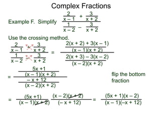 Complex Fractions
2
x – 1
–
+
3
x + 2
Example F. Simplify
3
x + 2
1
x – 2
Use the crossing method.
2
x – 1
–
+
3
x + 2
3
x + 2
1
x – 2
=
2(x + 2) + 3(x – 1)
(x – 1)(x + 2)
2(x + 3) – 3(x – 2)
(x – 2)(x + 2)
flip the bottom
fraction
=
5x +1
(x – 1)(x + 2)
– x + 12
(x – 2)(x + 2)
=
(5x +1)
(x – 1)(x + 2) (– x + 12)
(x – 2)(x + 2)
=
(5x + 1)(x – 2)
(x – 1)(–x + 12)
 