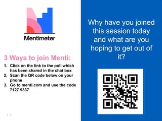 4 |
3 Ways to join Menti:
1. Click on the link to the poll which
has been shared in the chat box
2. Scan the QR code below...