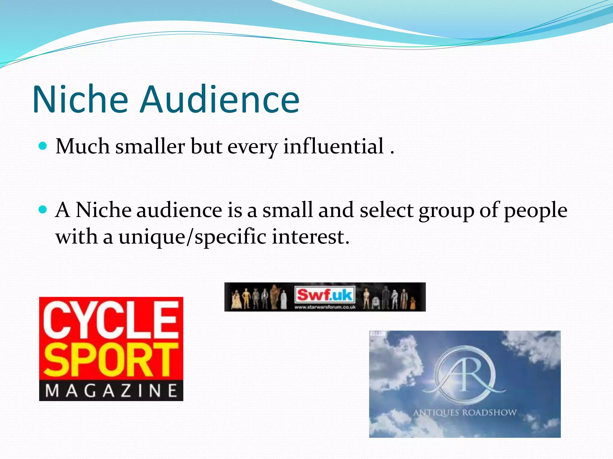 Niche Audience
 Much smaller but every influential .
 A Niche audience is a small and select group of people
with a unique/specific interest.
 