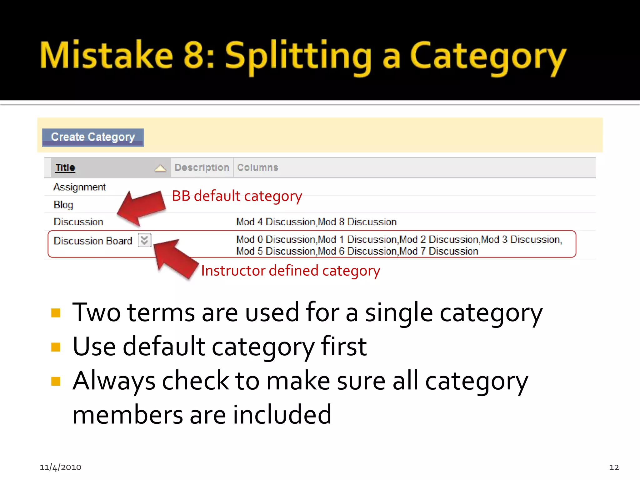 BB default category



                  Instructor defined category

     Two terms are used for a single category
     Use default category first
     Always check to make sure all category
      members are included
11/4/2010                                        12
 
