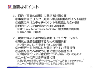 重要なポイント
１．⽬目的（事業の成果）に繋がる計画⽴立立案
 　①事業計画とリンク（短期〜～中⻑⾧長期/重点ポイント精査）
 　②成果に向けたタッチポイントを意識識した全体設計
 　③⽬目的に応じたKPI設定とPDCAの実践
 　 　※KPI：Key  Performance  Indicator（重要業績評価指標）
 　 　※仮説と検証（PDCA）

２．現状把握のための関係者間コミュニケーション
 　①現状と課題を把握するための情報共有
 　 　※やるべきこと、やらざるべきことの精査

 　②分析データを元にした分かりやすい情報共有
 　③必要な部⾨門への次の⾏行行動に繋がる働きかけ

 　 　※課題解決のためには特定部⾨門”だけ”が分かっていてもダメ

 　④ユーザーの声なき声を聴く⽿耳

 　 　※思い込みを排除しデータからユーザーの声をキャッチアップ
 　 　※ユーザー動向から想定外のことが分かることがある
@2013 hikariba

12

 
