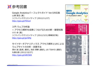 参考図書
Google  Analyticsパーフェクトガイド  Ver.5対応版
⼭山浦  直宏  (著)  
ソフトバンククリエイティブ  (2012/11/27)
http://goo.gl/P5hxcl

⼊入⾨門  ウェブ分析論論  
~∼  アクセス解析を成果につなげるための新・基礎知識識
⼩小川  卓  (著)  
ソフトバンククリエイティブ  (2012/3/22,増補改訂版)
http://goo.gl/jprWNj

サイトサーチアナリティクス  アクセス解析とUXによる
ウェブサイトの分析・改善⼿手法
清⽔水  誠  (監修,  翻訳),  池⽥田  清華  (翻訳),  UX  TOKYO  (翻訳)  
丸善出版  (2012/10/27)
http://goo.gl/k8CSKK

@2013 hikariba

16

 