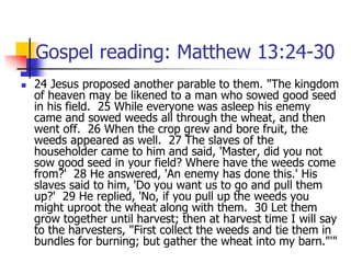 Gospel reading: Matthew 13:24-30
 24 Jesus proposed another parable to them. "The kingdom
of heaven may be likened to a man who sowed good seed
in his field. 25 While everyone was asleep his enemy
came and sowed weeds all through the wheat, and then
went off. 26 When the crop grew and bore fruit, the
weeds appeared as well. 27 The slaves of the
householder came to him and said, 'Master, did you not
sow good seed in your field? Where have the weeds come
from?' 28 He answered, 'An enemy has done this.' His
slaves said to him, 'Do you want us to go and pull them
up?' 29 He replied, 'No, if you pull up the weeds you
might uproot the wheat along with them. 30 Let them
grow together until harvest; then at harvest time I will say
to the harvesters, "First collect the weeds and tie them in
bundles for burning; but gather the wheat into my barn."'"
 