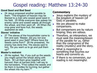 Gospel reading: Matthew 13:24-30
Good Seed and Bad Seed
 24 Jesus proposed another parable to
them. "The kingdom of heaven may be
likened to a man who sowed good seed in
his field. 25 While everyone was asleep his
enemy came and sowed weeds all through
the wheat, and then went off. 26 When the
crop grew and bore fruit, the weeds
appeared as well.
Slaves’ initiative
 27 The slaves of the householder came to
him and said, 'Master, did you not sow
good seed in your field? Where have the
weeds come from?' 28 He answered, 'An
enemy has done this.' His slaves said to
him, 'Do you want us to go and pull them
up?'
Master’s restraint
 29 He replied, 'No, if you pull up the weeds
you might uproot the wheat along with
them. 30 Let them grow together until
harvest; then at harvest time I will say to
the harvesters, "First collect the weeds and
tie them in bundles for burning; but gather
the wheat into my barn."'"
Commentary
 Jesus explains the mystery of
the kingdom of heaven (of
God) in parables.
 We are allowed to make
comparisons.
 But comparisons are by nature
limping; they are odious.
 Therefore, as interpreters, we
must seek the meaning/lesson
of the parable for us, rather
than the congruence of the
reality (mystery) and the story.
 What is meaningful is
something that touches our
hearts and converts us.
 If there is no conversion, our
reading is not meaningful.
 