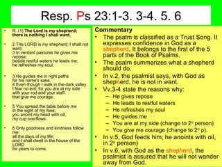 Resp. Ps 23:1-3. 3-4. 5. 6
• R. (1) The Lord is my shepherd;
there is nothing I shall want.
• 2 The LORD is my shepherd; I shall not
want.
3 In verdant pastures he gives me
repose;
beside restful waters he leads me;
he refreshes my soul.
• 3 He guides me in right paths
for his name's sake.
4 Even though I walk in the dark valley
I fear no evil; for you are at my side
with your rod and your staff
that give me courage.
• 5 You spread the table before me
in the sight of my foes;
you anoint my head with oil;
my cup overflows.
• 6 Only goodness and kindness follow
me
all the days of my life;
and I shall dwell in the house of the
LORD
for years to come.
Commentary
• The psalm is classified as a Trust Song. It
expresses confidence in God as a
shepherd. It belongs to the first of the 5
parts of the Book of Psalms.
• The psalm summarizes what a shepherd
should do.
• In v.2, the psalmist says, with God as
shepherd, he is not in want.
• Vv.3-4 state the reasons why:
– He gives repose
– He leads to restful waters
– He refreshes my soul
– He guides me
– You are at my side (change to 2nd
person)
– You give me courage (change to 2nd
p).
• In v.5, God feeds him; he anoints with oil,
in 2nd
person)
• In v.6, with God as the shepherd, the
psalmist is assured that he will not wander
away from God.
 