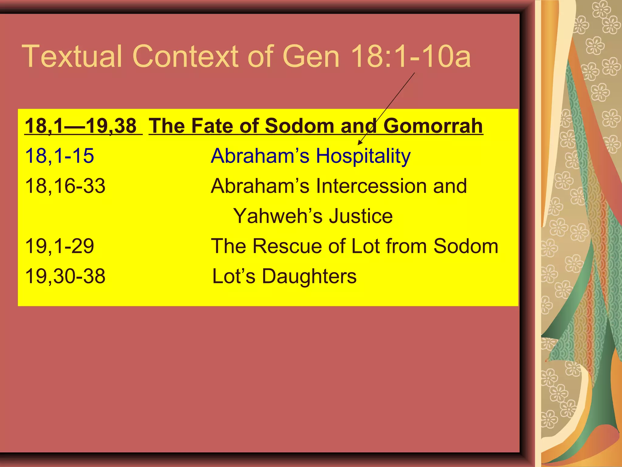 Textual Context of Gen 18:1-10a
18,1—19,38 The Fate of Sodom and Gomorrah
18,1-15 Abraham’s Hospitality
18,16-33 Abraham’s Intercession and
Yahweh’s Justice
19,1-29 The Rescue of Lot from Sodom
19,30-38 Lot’s Daughters
 