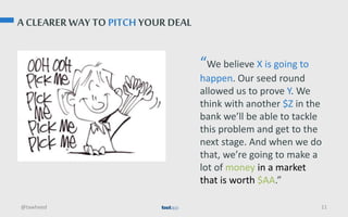 A CLEARERWAY TO PITCH YOUR DEAL
@tawheed 11
“We believe X is going to
happen. Our seed round
allowed us to prove Y. We
think with another $Z in the
bank we’ll be able to tackle
this problem and get to the
next stage. And when we do
that, we’re going to make a
lot of money in a market
that is worth $AA.”
 