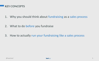 KEY CONCEPTS
1. Why you should think about fundraising as a sales process
2. What to do before you fundraise
3. How to act...
