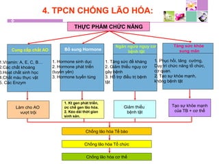 4. TPCN CHỐNG LÃO HÓA:
THỰC PHẨM CHỨC NĂNG
Làm cho AO
vượt trội
Chống lão hóa Tế bào
Chống lão hóa Tổ chức
Chống lão hóa cơ thể
Cung cấp chất AO
1.Vitamin: A, E, C, B…
2.Các chất khoáng
3.Hoạt chất sinh học
4.Chất màu thực vật
5. Các Enzym
Bổ sung Hormone
1. Hormone sinh dục
2. Hormone phát triển
(tuyến yên)
3. Hormone tuyến tùng
Ngăn ngừa nguy cơ
bệnh tật
1. Tăng sức đề kháng
2. Giảm thiểu nguy cơ
gây bệnh
3. Hỗ trợ điều trị bệnh
tật
Tăng sức khỏe
sung mãn
1. Phục hồi, tăng cường,
Duy trì chức năng tổ chức,
cơ quan.
2. Tạo sự khỏe mạnh,
không bệnh tật
1. Kt gen phát triển,
ức chế gen lão hóa.
2. Kéo dài thời gian
sinh sản.
Giảm thiểu
bệnh tật
Tạo sự khỏe mạnh
của TB + cơ thể
 