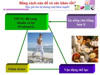 Bằng cách nào để có sức khỏe tốt?
Hãy giữ cho hệ đường ruột khỏe mạnh!
Giảm stress
Ăn uống cân bằng,
hợp lý
TPCN= Bổ sung
khuẩn có lợi
(Probiotics)
Vận động thể lực
 