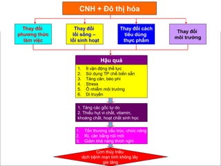 CNH + Đô thị hóa
Thay đổi
phương thức
làm việc
Thay đổi
lối sống –
lối sinh hoạt
Thay đổi cách
tiêu dùng
thực phẩm
Thay đổi
môi trường
Hậu quả
1. Ít vận động thể lực
2. Sử dụng TP chế biến sẵn
3. Tăng cân, béo phì
4. Stress
5. Ô nhiễm môi trường
6. Di truyền
1. Tăng các gốc tự do
2. Thiếu hụt vi chất, vitamin,
khoáng chất, hoạt chất sinh học
1. Tổn thương cấu trúc, chức năng
2. RL cân bằng nội môi
3. Giảm khả năng thích nghi
Cơn thủy triều
dịch bệnh mạn tính không lây
gia tăng
 