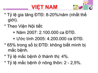 VIỆT NAM
* Tỷ lệ gia tăng ĐTĐ: 8-20%/năm (nhất thế
giới).
* Theo Viện Nội tiết:
+ Năm 2007: 2.100.000 ca ĐTĐ.
+ Ước tính 2005: 4.200.000 ca ĐTĐ.
* 65% trong số bị ĐTĐ: không biết mình bị
mắc bệnh.
* Tỷ lệ mắc bệnh ở thành thị: 4%.
* Tỷ lệ mắc bệnh ở nông thôn: 2 - 2,5%.
 