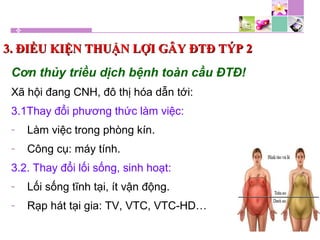 3. ĐIỀU KIỆN THUẬN LỢI GÂY ĐTĐ TÝP 23. ĐIỀU KIỆN THUẬN LỢI GÂY ĐTĐ TÝP 2
Cơn thủy triều dịch bệnh toàn cầu ĐTĐ!
Xã hội đang CNH, đô thị hóa dẫn tới:
3.1Thay đổi phương thức làm việc:
- Làm việc trong phòng kín.
- Công cụ: máy tính.
3.2. Thay đổi lối sống, sinh hoạt:
- Lối sống tĩnh tại, ít vận động.
- Rạp hát tại gia: TV, VTC, VTC-HD…
 