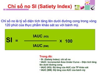 Chỉ số no SI (Satiety Index)
Chỉ số no là tỷ số diện tích tăng lên dưới đường cong trong vòng
120 phút của thực phẩm khảo sát so với bánh mỳ.
SI =
IAUC (KS)
IAUC (BM)
x 100
Trong đó:
• SI: (Satiety Index): chỉ số no
• IAUC: Incremental Area Under Curve – Diện tích tăng
lên dưới đường cong
• IAUC (KS): Độ tăng của AUC của TP khảo sát
• IAUC (BM): Độ tăng của AUC của bánh mỳ
 