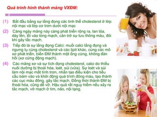 Quá trình hình thành mảng VXĐM:
(1) Bắt đầu bằng sự lắng đọng các tinh thể cholesterol ở lớp
nội mạc và lớp cơ trơn dưới nội mạc
(2) Càng ngày mảng này càng phát triển rộng ra, lan tỏa,
dày lên, lồi vào lòng mạch, cản trở sự lưu thông máu, đôi
khi gây tắc mạch.
(3) Tiếp đó là sự lắng đọng Calci: muối calci lắng đọng và
ngưng tụ cùng cholesterol và các lipit khác, cùng các mô
xơ phát triển, biến ĐM thành một ống cứng, không đàn
hồi (xơ cứng động mạch).
(4) Các mảng xơ và sự tích đọng cholesterol, calci do thiếu
nuôi dưỡng bị thoái hóa, loét, sùi (vữa). Sự loét và sùi
làm nội mạc mất tính trơn, nhẵn tạo điều kiện cho tiểu
cầu bám vào và khởi động quá trình đông máu, tạo thành
các cục máu đông, gây tắc mạch. Đồng thời thành ĐM bị
thoái hóa, cũng dễ vỡ. Hậu quả rất nguy hiểm nếu xảy ra
tắc mạch, vỡ mạch ở tim, não, nội tạng.
 