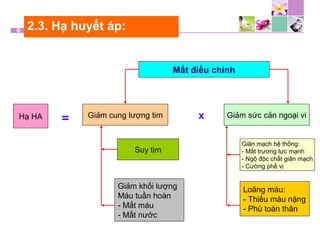 2.3. Hạ huyết áp:
Mất điều chỉnh
Hạ HA = Giảm cung lượng tim Giảm sức cản ngoại vix
Suy tim
Giảm khối lượng
Máu tuần hoàn
- Mất máu
- Mất nước
Giãn mạch hệ thống:
- Mất trương lực mạnh
- Ngộ độc chất giãn mạch
- Cường phế vị
Loãng máu:
- Thiếu máu nặng
- Phù toàn thân
 