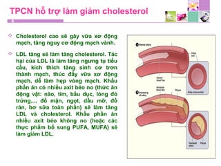 TPCN hỗ trợ làm giảm cholesterol
 Cholesterol cao sẽ gây vữa xơ động
mạch, tăng nguy cơ động mạch vành.
 LDL tăng sẽ làm tăng cholesterol. Tác
hại của LDL là làm tăng ngưng tụ tiểu
cầu, kích thích tăng sinh cơ trơn
thành mạch, thúc đẩy vữa xơ động
mạch, dễ làm hẹp vòng mạch. Khẩu
phần ăn có nhiều axit béo no (thức ăn
động vật: não, tim, bầu dục, lòng đỏ
trứng..., đồ mặn, ngọt, dầu mỡ, đồ
rán, bơ sữa toàn phần) sẽ làm tăng
LDL và cholesterol. Khẩu phần ăn
nhiều axit béo không no (hoặc các
thực phẩm bổ sung PUFA, MUFA) sẽ
làm giảm LDL.
 