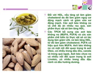  Đối với HDL, nếu tăng sẽ làm giảm
cholesterol do đó làm giảm nguy cơ
động mạch vành và giảm vữa xơ
động mạch. Các axit béo không no
và chế độ ăn nhiều rau quả, sản
phẩm thực vật sẽ làm tăng HDL.
 Các TPCN bổ sung các axit béo
không no (MUFA, PUFA) và các sản
phẩm chế biến từ thực vật sẽ có tác
dụng làm giảm LDL và làm tăng HDL,
từ đó làm giảm cholesterol. PUFA có
hiệu quả hơn MUFA. Axit béo không
no có một nối đôi quan trọng là axit
Oleic, có nhiều trong dầu ôliu, canola
và trong quả hạnh. Axit béo chưa no
có nhiều nối đôi quan trọng là axit
Linoleic, có nhiều trong dầu đậu
nành và dầu hướng dương.
 