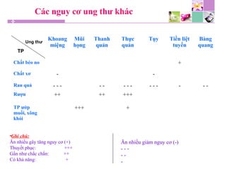 Các nguy cơ ung thư khác
Khoang
miệng
Mũi
họng
Thanh
quản
Thực
quản
Tụy Tiền liệt
tuyến
Bàng
quang
Chất béo no +
Chất xơ - -
Rau quả - - - - - - - - - - - - - -
Rượu ++ ++ +++
TP ướp
muối, xông
khói
+++ +
Ung thư
TP
•Ghi chú:
Ăn nhiều gây tăng nguy cơ (+)
Thuyết phục: +++
Gần như chắc chắn: ++
Có khả năng: +
Ăn nhiều giảm nguy cơ (-)
- - -
- -
-
 