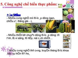 +¦u®iÓm:+¦u®iÓm:
- NhiÒu c«ng nghÖ míi ®­îc ¸p dông (gen,- NhiÒu c«ng nghÖ míi ®­îc ¸p dông (gen,
chiÕu x¹, ®ãng gãi…).chiÕu x¹, ®ãng gãi…).
- NhiÒu thiÕt bÞ chuyªn dông ®­îc ¸p dông: tñ- NhiÒu thiÕt bÞ chuyªn dông ®­îc ¸p dông: tñ
l¹nh, lß vi sãng, lß hÊp, nåi c¸ch nhiÖt…l¹nh, lß vi sãng, lß hÊp, nåi c¸ch nhiÖt…
- NhiÒu c«ng nghÖ thñ c«ng, truyÒn thèng ®­îc khoa- NhiÒu c«ng nghÖ thñ c«ng, truyÒn thèng ®­îc khoa
häc vµ hiÖn ®¹i ho¸häc vµ hiÖn ®¹i ho¸
5. Công nghệ chế biến thực phẩm:
 