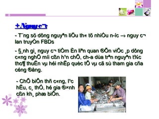 +Nguyc¬:+Nguyc¬:
- T¨ng sö dông nguyªn liÖu th« tõ nhiÒu n­íc- T¨ng sö dông nguyªn liÖu th« tõ nhiÒu n­íc →→ nguy c¬nguy c¬
lan truyÒn FBDslan truyÒn FBDs
- §¸nh gi¸ nguy c¬ tiÒm Èn liªn quan ®Õn viÖc ¸p dông- §¸nh gi¸ nguy c¬ tiÒm Èn liªn quan ®Õn viÖc ¸p dông
c«ng nghÖ míi cßn h¹n chÕ, ch­a dùa trªn nguyªn t¾cc«ng nghÖ míi cßn h¹n chÕ, ch­a dùa trªn nguyªn t¾c
tho¶ thuËn vµ héi nhËp quèc tÕ vµ cã sù tham gia cñatho¶ thuËn vµ héi nhËp quèc tÕ vµ cã sù tham gia cña
céng ®ång.céng ®ång.
- ChÕ biÕn thñ c«ng, l¹c- ChÕ biÕn thñ c«ng, l¹c
hËu, c¸ thÓ, hé gia ®×nhhËu, c¸ thÓ, hé gia ®×nh
cßn kh¸ phæ biÕn.cßn kh¸ phæ biÕn.
 