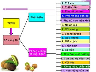 TPCN
Bổ sung Ca
Phát triển
Phòng chống
chứng, bệnh
1. Trẻ em
2. Thiếu niên
3. Phụ nữ có thai
4. Phụ nữ cho con bú
5. Phụ nữ sau mãn kinh
6. Người già
4. Miễn dịch
5. Thần kinh
6. Cơ bắp
7. Cơn đau sinh trưởng
8. Cơn đau dạ dày-ruột
9. Vôi hóa
1. Còi xương
2. Loãng xương
3. Gãy xương
10. Đông máu, chảy máu
11. Hoạt động của tim
 