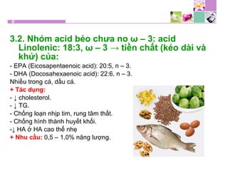 3.2. Nhóm acid béo chưa no ω – 3: acid
Linolenic: 18:3, ω – 3 → tiền chất (kéo dài và
khử) của:
- EPA (Eicosapentaenoic acid): 20:5, n – 3.
- DHA (Docosahexaenoic acid): 22:6, n – 3.
Nhiều trong cá, dầu cá.
+ Tác dụng:
- ↓ cholesterol.
- ↓ TG.
- Chống loạn nhịp tim, rung tâm thất.
- Chống hình thành huyết khối.
-↓ HA ở HA cao thể nhẹ
+ Nhu cầu: 0,5 – 1,0% năng lượng.
 